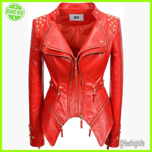 Women's Faux Leather Moto Jacket with Studded Details, Long Sleeve - Picture 5 of 5